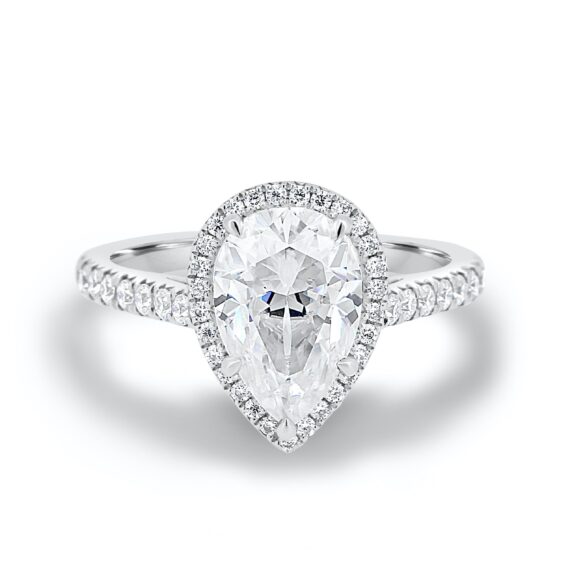 1.93 CT Pear Cut Peat Shaped Cathedral Halo Moissanite Engagement Ring in 14K White Gold