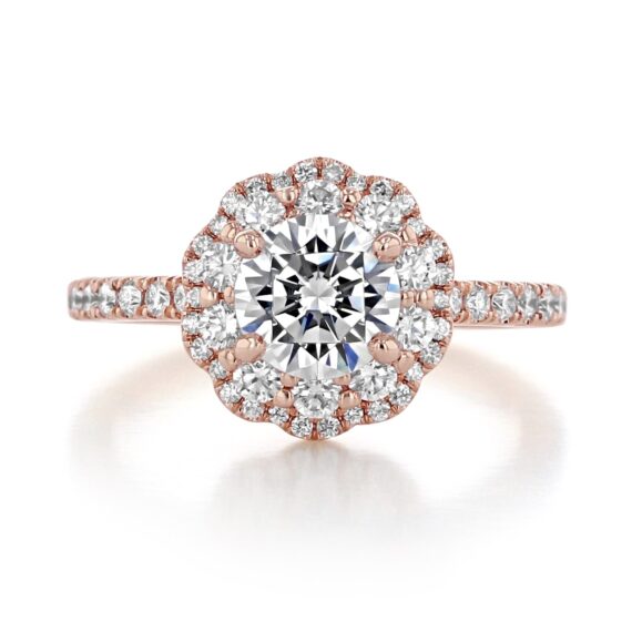 1.0ct Round Cut Floral Double Halo 4 Prong Moissanite Engagement Ring