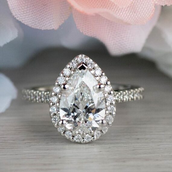 1.80 CT Pear Cut Solitaire Moissanite Classic Halo Engagement Ring