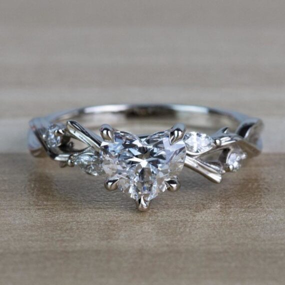 1.53 CT Heart Shape Moissanite Vintage Leaf Style Engagement Ring