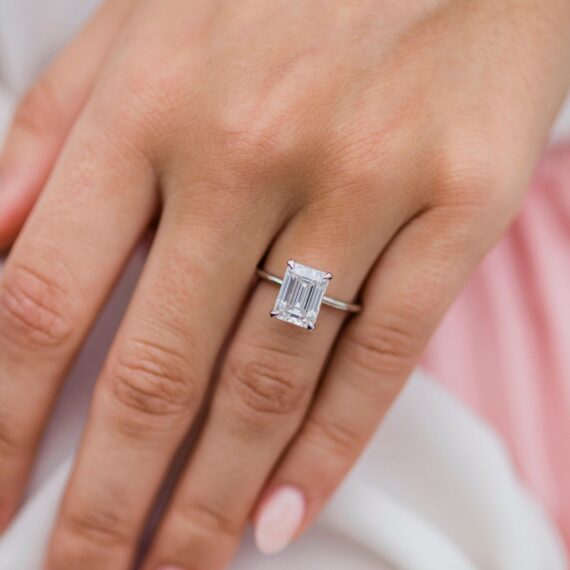 2.6 CT Emerald Cut Moissanite Solitaire Engagement Ring in 18K White Gold