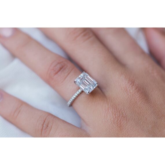 3.25 CT Emerald cut  hidden halo 4 prongs Moissanite Solitaire Engagement Ring in 14K White Gold