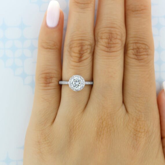 1.35CT Round Cut Halo Moissanite Engagement Ring in 18K White Gold