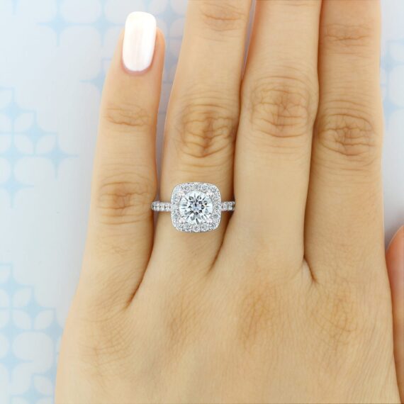 1.50CT Round Cut Halo Moissanite Engagement Ring in 18K White Gold