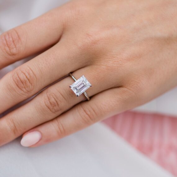 2.6 CT Emerald Cut Moissanite Solitaire Engagement Ring in 18K White Gold