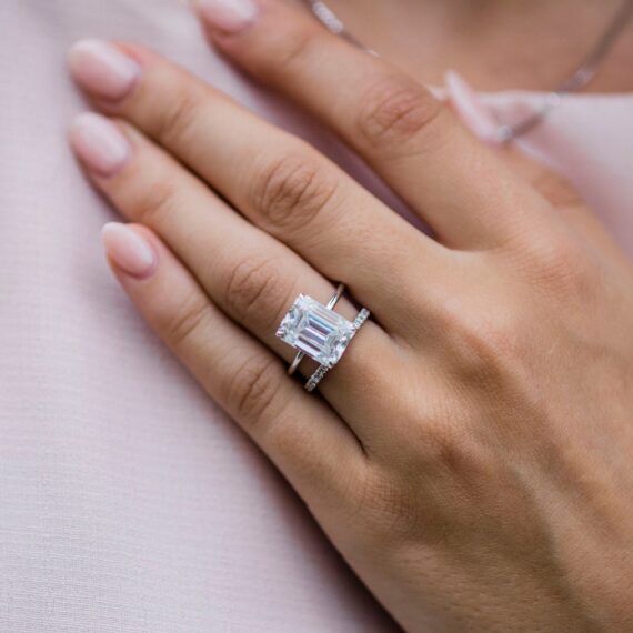 5.5 CT Emerald cut Hidden Halo  4 prongs Moissanite Solitaire Engagement Ring in 14K White Gold