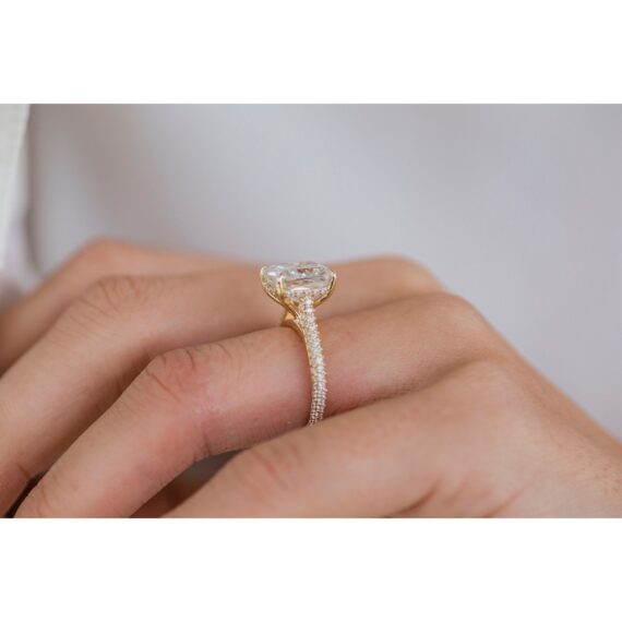 3.2 CT Cushion cut  hidden halo 4 prongs Moissanite Solitaire Engagement Ring in 14K Yellow Gold