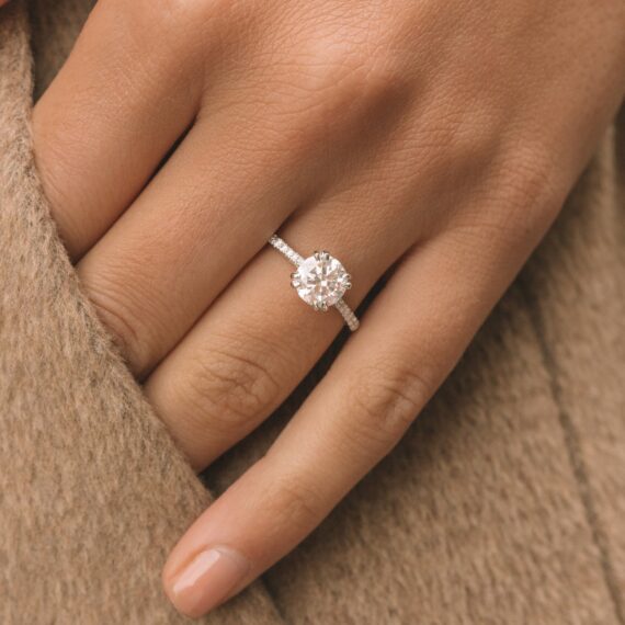 1.25 ct  Round cut Hidden Halo 8 prongs  Moissanite Solitaire Engagement Ring in 18K White Gold