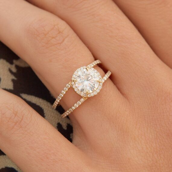 1.75 CT Round Brilliant Moissanite Double Shank Halo Engagement Ring