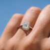 0.95 ct  Emerald cut Halo  4 prongs  Moissanite Solitaire Engagement Ring in 18K White Gold