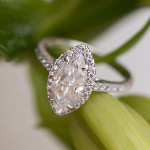 1.60 CT Marquise Cut Halo with Pave Setting Moissanite Engagement Ring in 14K White Gold