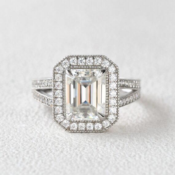 1.74 CT Emerald-Cut Moissanite Unique Halo Split Shank Vintage Engagement Ring