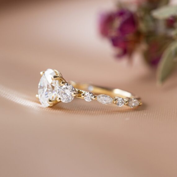 1.33 CT Oval Cut Marquise Moissanite Engagement Ring in 14K Yellow Gold
