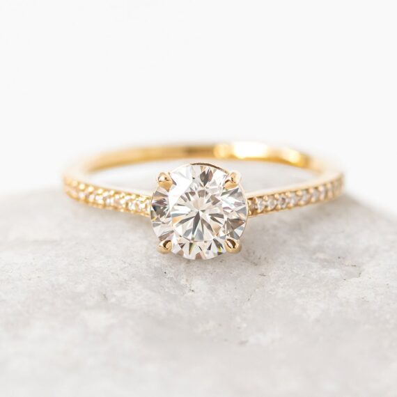 1.0 CT Round Cut Yellow Gold Pave Setting Moissanite Engagement Ring in 18K Yellow Gold