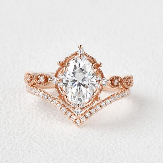 1.86 CT Oval Moissanite Vintage Style Engagement Ring Bridal Set