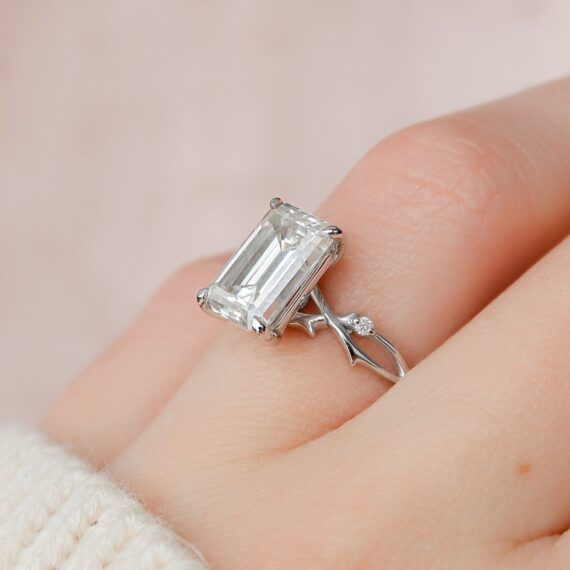 3.79CT Emerald Cut Solitaire Twig Moissanite Engagement Ring