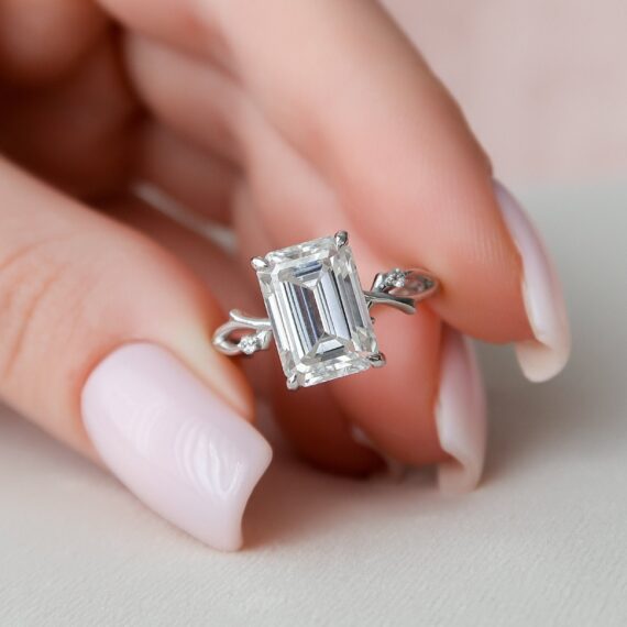 3.79CT Emerald Cut Solitaire Twig Moissanite Engagement Ring