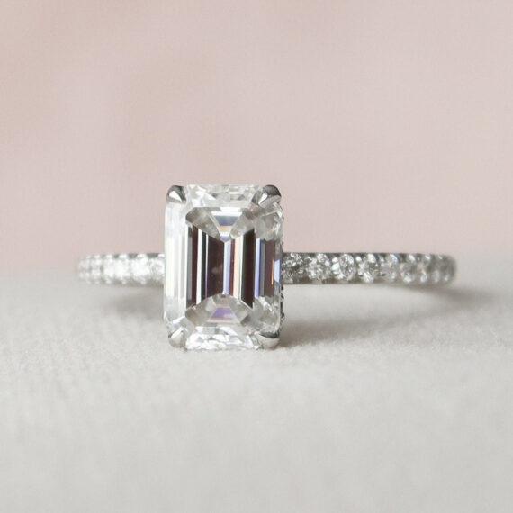 1.50CT Emerald Cut Hidden Halo Pave Moissanite Engagement Ring